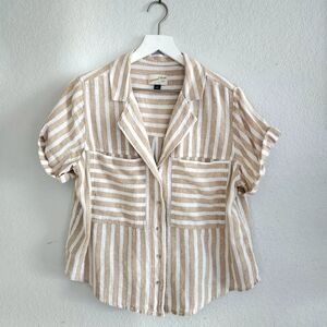 Tan and White Striped Button-Up Shirt